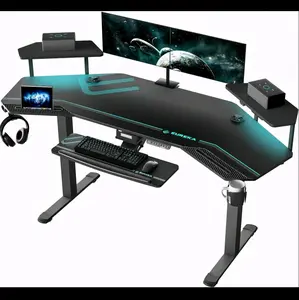Gaming Desk, Standing Desk Keyboard Tray, 72" Wing Shaped Music Studio Desk Electric Adjustable Height Desk Sit Stand Desk with LED Shelves, Gaming Recording Live Stream, Slot Design