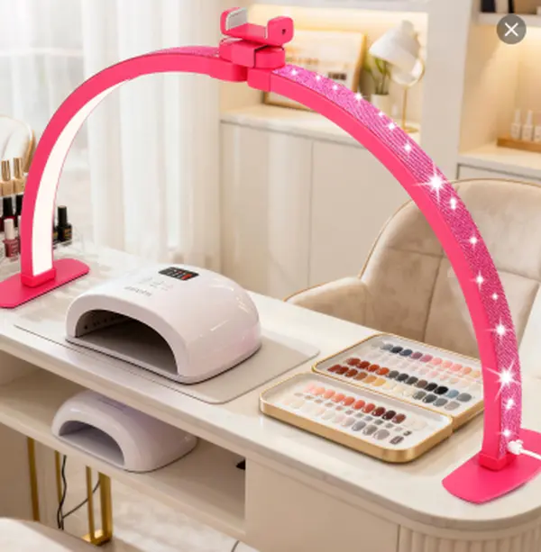 Half Moon Light for Nail Desk with Phone Holder, 28IN Folding Pink Half-moon Light , LED Lamp for Nail Art, Eyelash Extension, Tattooing, Skin Management Wireless Portable Lamp