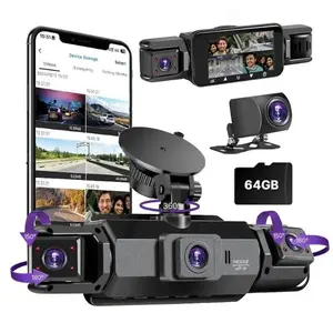 Four-channel dashcam, Car Driving Recorder, for reversing, featuring panoramic view for all-weather parking monitoring, simultaneous recording from four lenses: front/rear/interior, 4-inch display with WiFi and 64GB storage card, clear night vision
