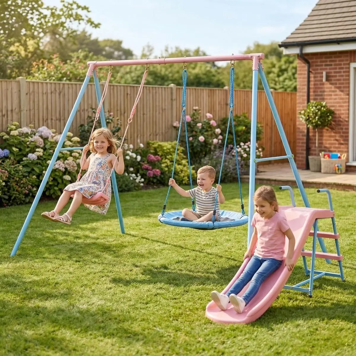 Kids Outdoor Play 2-Swing Metal Frame Outdoor Playground Set with Blue and Pink Slide, Backyard Toddler Activity Equipment