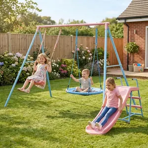 2-Swing Set with Slide, Blue and Pink Outdoor Kids' Playground Equipment for Backyard Toddler Fun Activities