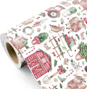 Farmhouse Christmas Wrapping Paper , Mini Roll ,  30 x 36 to 30x180 inch , Festive Farm Animals and Cow Christmas Farm Wrapping Paper for Xmas Holiday, Party Celebration