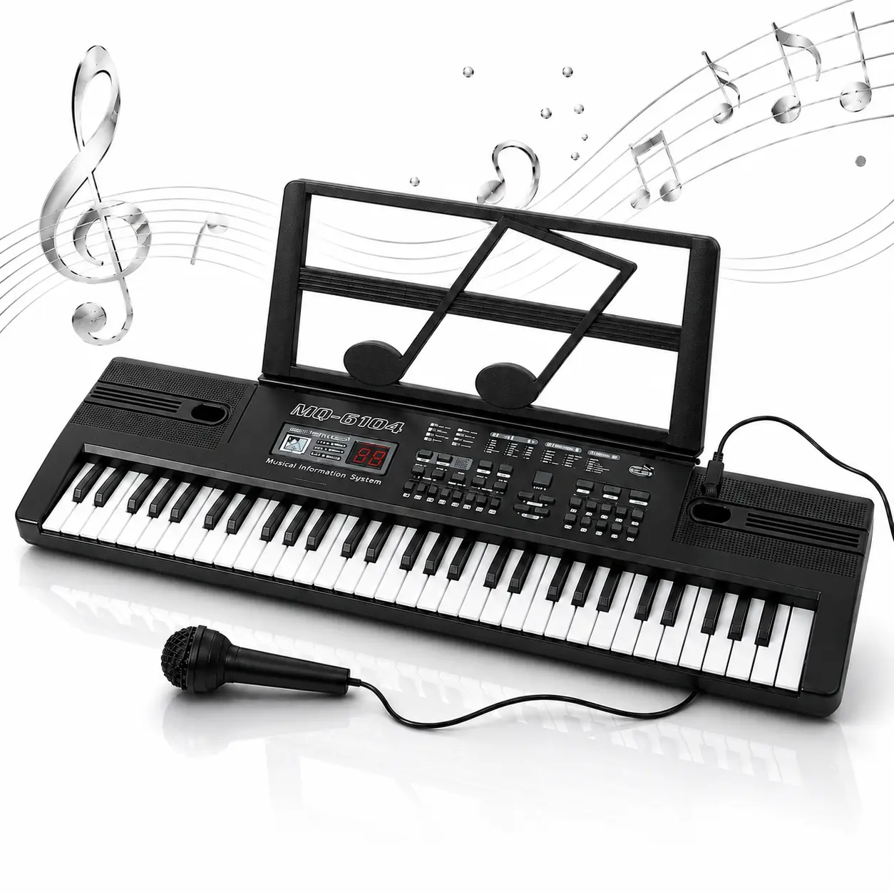 61-key portable electronic keyboard piano, full-size keys, includes microphone, USB powered, suitable for beginners and adults, ideal for party entertainment, home studios, and travel gifts, allows easy playing and singing