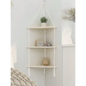 1pc Corner Shelves , Boho Handmade Woven White Rope Beige Hanging Floating Shelf Decor Display Storage Organizer For Bedroom Bathroom Office Living Room,Home Decor ,Room Decor,Wall Decor Gifts Birthday Graduation