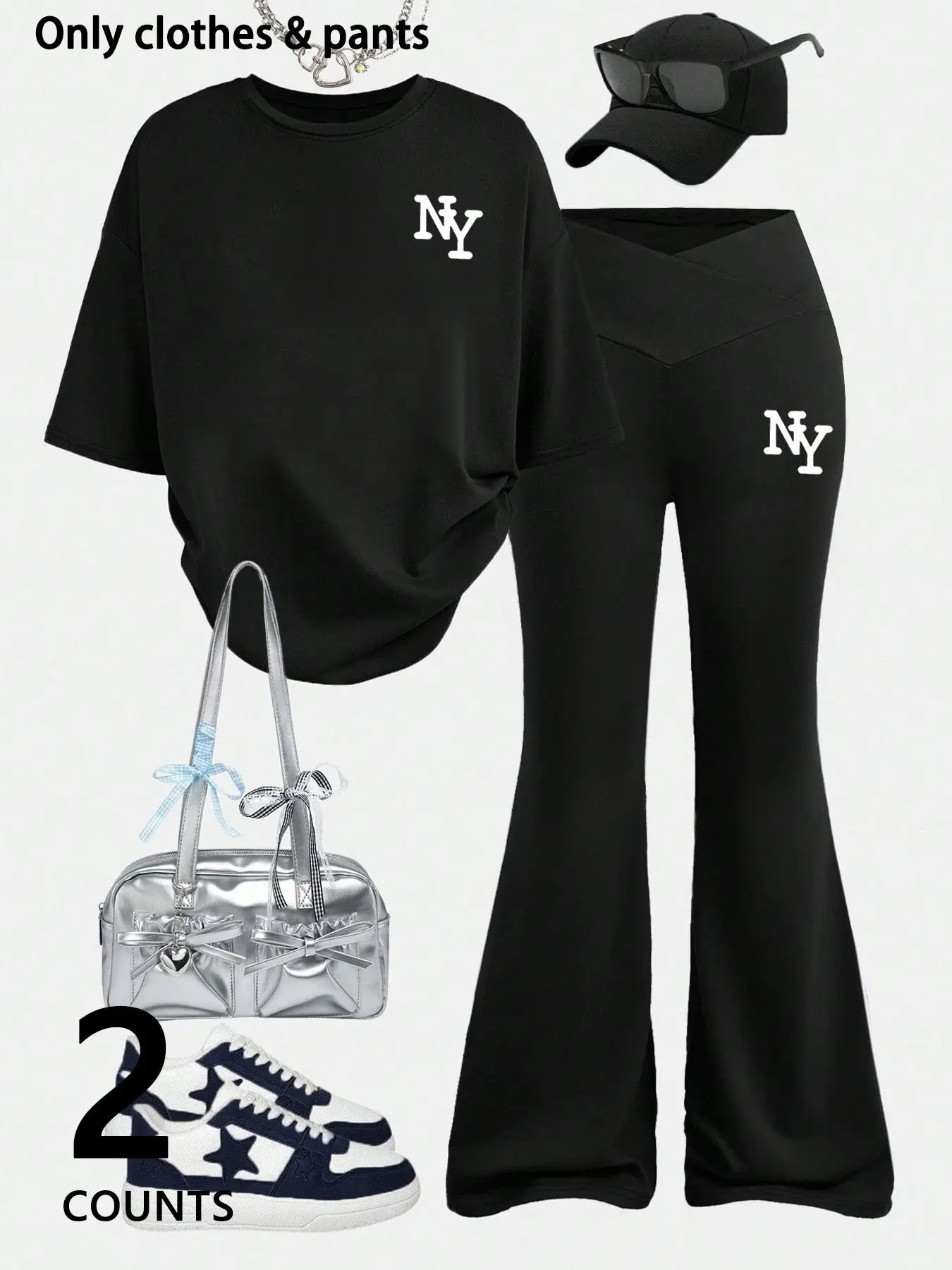 Two-piece set for womenfashion /teenage girls:New York print short-sleeved T-shirt and slim-fit flared pants for spring/summer.Suitable for spring and summer wear, for everyday casual activities, sports, outdoor activities, and back-to-school season.for a