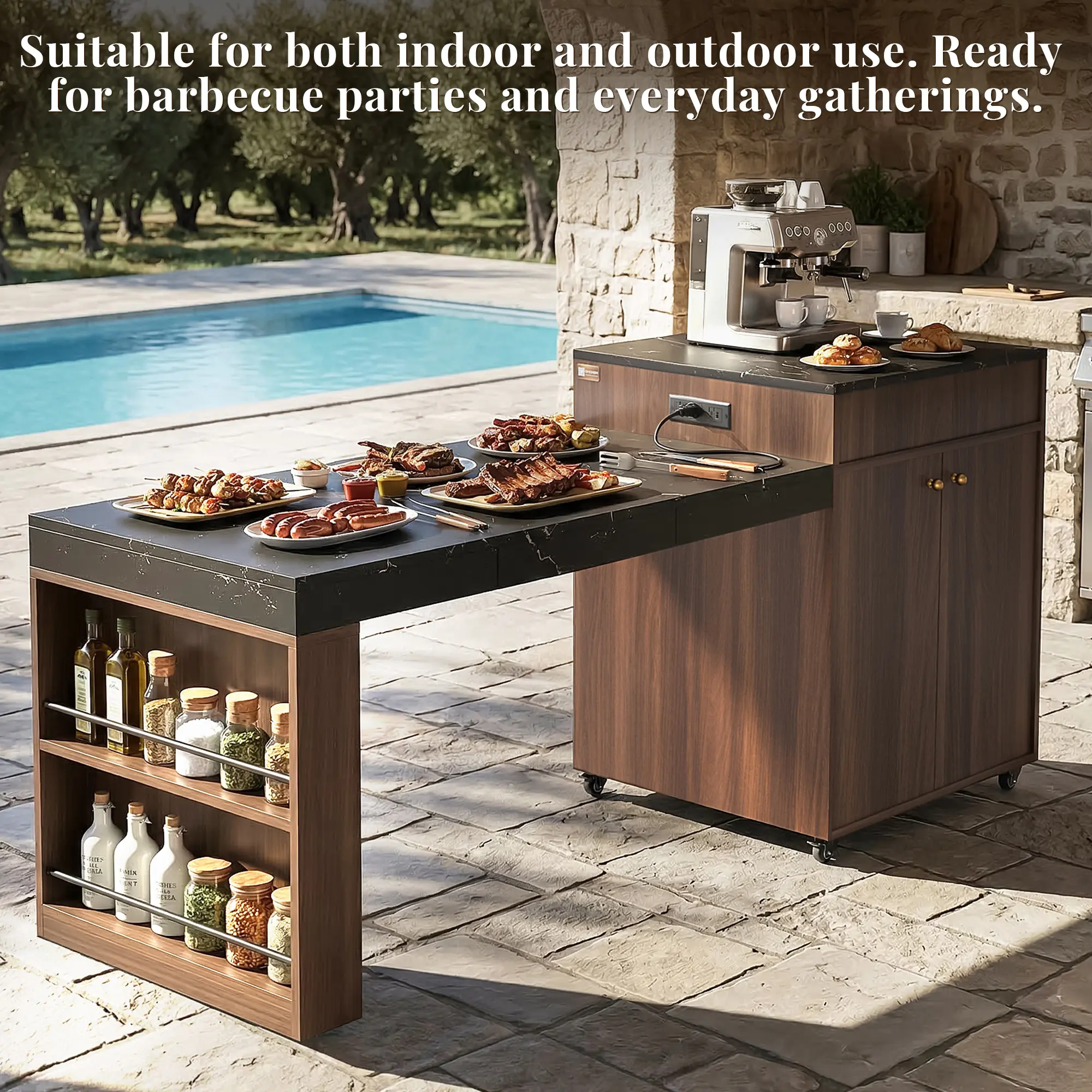 OMCHOM 78.8" Rolling Kitchen Cart with Cabinets - 3-Stage Extendable Dining Table (Seats 6-8), Built-in Power Outlet, Ample Storage Drawers, Mobile Wheels, High-Density MDF, Easy Assembly (Walnut)
