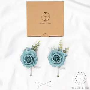 TINGE TIME Blue Boutonniere for Men Wedding, Set of 2, Groom Groomsmen Boutineers Decor for Wedding Ceremony Anniversary, Formal Dinner Homecoming and Rustic Vintage Wedding