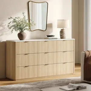 ModernMate 9 Drawer Dresser for Bedroom 63" Wide with Faux Travertine Top Smooth Glide Drawers Large Clothes Storage Beige Modern Tall Chest of Drawers