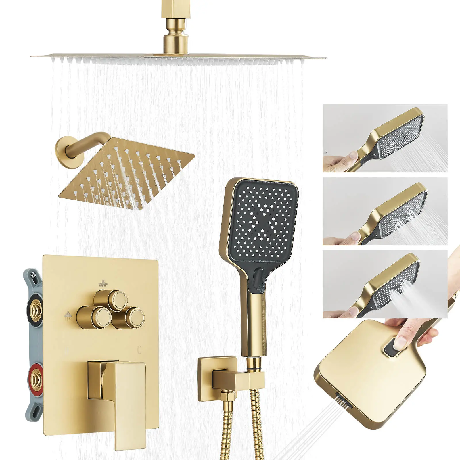 Modern Ceiling & Wall Mount Brushed Gold Shower Faucet System with Shower Heads - 10” Ceiling Rain Head, 6” Wall Shower & 4-in-1 Handheld Spray, Wide Coverage Bath Fixture, Suitable for Bath/Shower Combination, Rough-In Mixing Valve Trim Kit Included