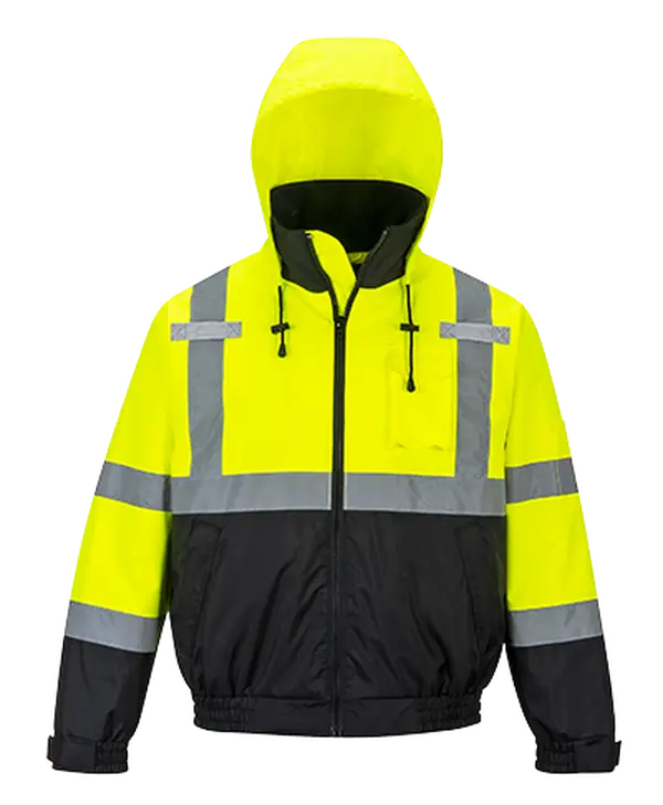 US364 Work Safety 2-in-1 Polyester Long Sleeve Waterproof Bomber Jacket, Large Hi-Visibility Yellow & Black Regular Fit, Fleece Lined, 2" Silver Reflective Tape, Contrast Panel, Water Resistant, Warmth
