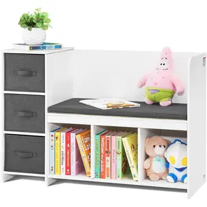 VEVOR  Kids Reading Nook Bench, Toddler Bookshelf and Bookcase with Detachable Seat Cushion, 6-Cubby Storage Organizer Bench with 3 Drawers, Ideal for Playroom, Bedroom, Living Room or Entryway, White