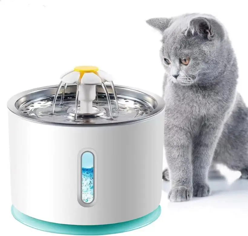 Cat Water Fountain with Stainless Steel Lid, 304 Stainless Steel, 2.4L/81oz Automatic Cat Fountain with LED Light and Water Level Window