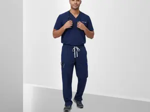 Men Scrub Set, Menswear Stylish Top with pocket Classic Overalls Pants with split on the bottom