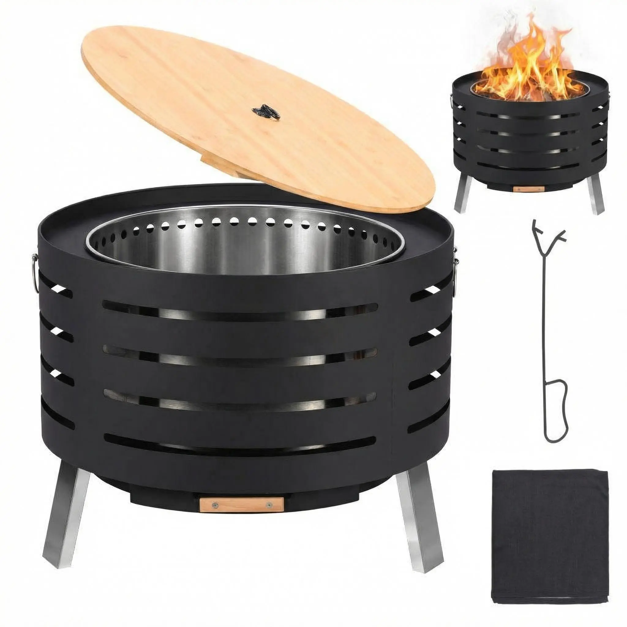 30 Inch Smokeless Outdoor Fire Pit Featuring Outdoor Firepit Table with Removable Ash Pan, Bamboo Lid, Rainproof Cover, Portable Metal Firepit for Patio, Backyard, Camping