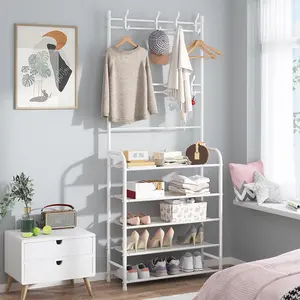 UDEAR Entryway Coat Rack with 5-Tier Organiser Shelf for Shoes, Multifunctional Storage Hanger Home Furniture