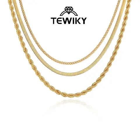 Tewiky Women's 14K Gold Plated 3-Piece Minimalist Necklaces Set - 16.5" Herringbone Chain (3mm), 1.5mm Dainty Snake Chain Choker, Elegant Dainty Necklace, High-Quality Jewelry, Ideal for Weddings, Dates, Birthday Gifts