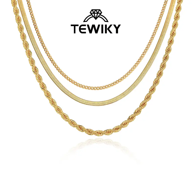 Tewiky Women's 14K Gold Plated 3-Piece Minimalist Necklaces Set - 16.5" Herringbone Chain (3mm), 1.5mm Dainty Snake Chain Choker, Elegant Dainty Necklace, High-Quality Jewelry, Ideal for Weddings, Dates, Birthday Gifts