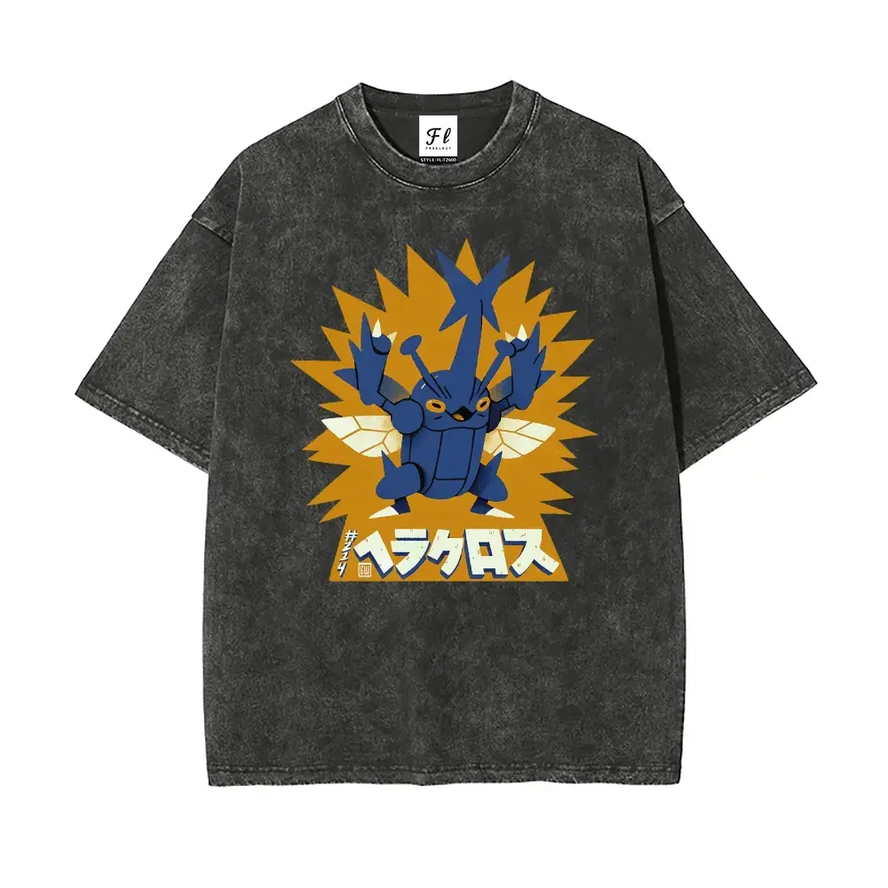 Unisex Retro Beetle Creature Graphic Tee - 100% Cotton Oversized Vintage Washed Short Sleeve T-Shirt, Casual Y2K Plus Size Streetwear Top For Men And Women Trendy Summer Clothes Quirky Bug Print Apparel Daily Wear Hip Hop Outfit Cute Grunge Shirts Tops