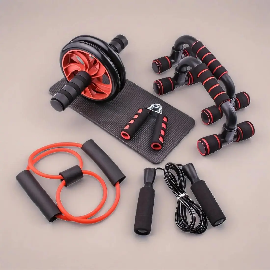 Fitness Equipment Set, 1 Set Abdominal Exercise Wheel & Push-Up Bar & Jump Rope & Resistance Band & Hand Gripper & Kneeling Mat, Home Gym Equipment