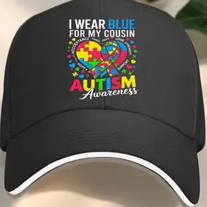 Men's Autism Awareness Baseball Cap - "I Wear Blue for My Cousin" Black Hat with Colorful Puzzle Design, Sandwich-Style Brim
