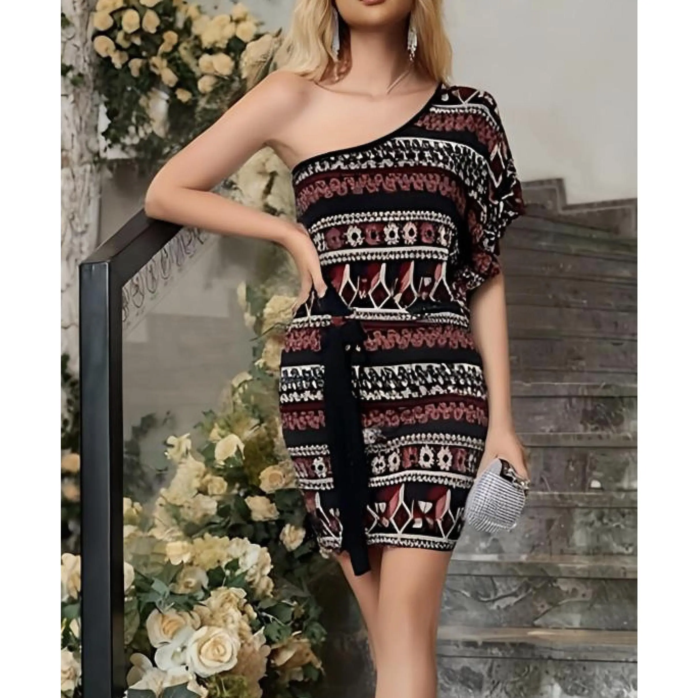 Aztec Mexican Print One Shoulder Tie Waist Knit Dress