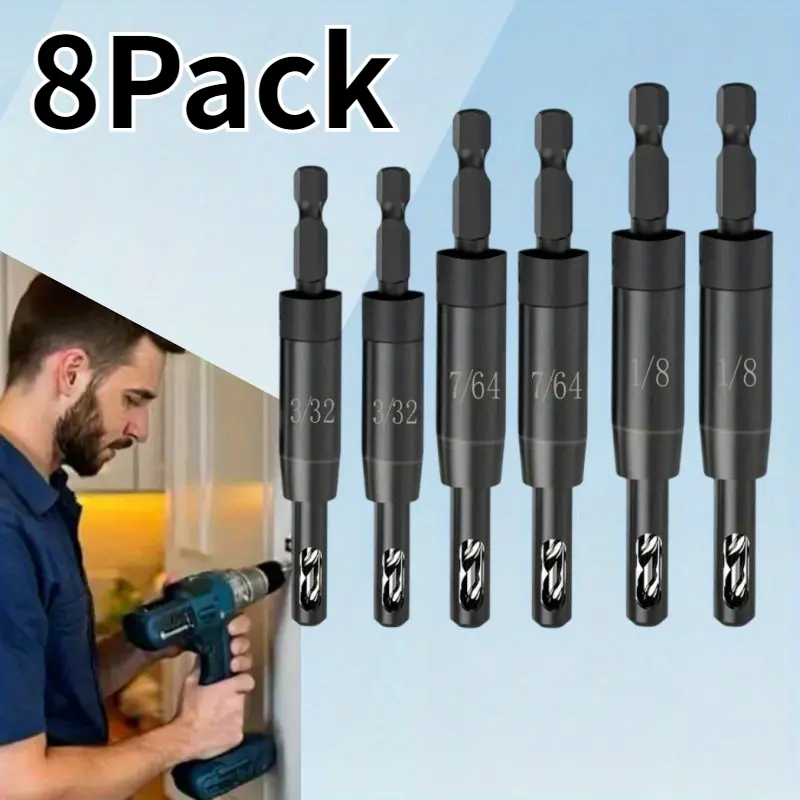 8-Pc High-Speed Steel Self-Centering Hinge Drill Bit Set with 7/64 Inch Pilot Hole Guides, Metal Hardware for Home Improvement Woodworking Tasks