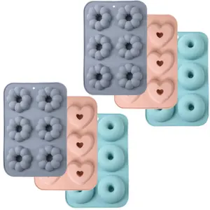 6 Pack Silicone Donut Pan for Baking, Non-Stick Doughnut Pan, 6 Cavity Heritage Bundtlette Cake Silicone Mold for Baking (Blue+Gray+Pink)