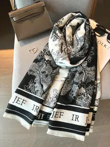 Women's Elegant Letter & Tree Pattern Tassel Decor Boho Style Scarf, Casual Soft Warm Shawl for Fall & Winter, Fashion Accessories for Daily Wear