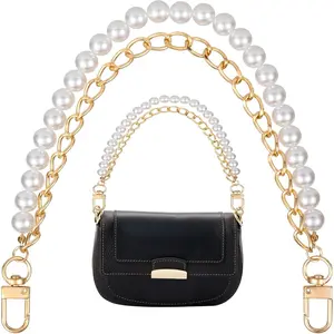Pearl Purse Double Chain, Stainless Steel Handbag Straps, Messenger Bags Wallets Short Handle Replacement Charms Accessories for Women- Gold