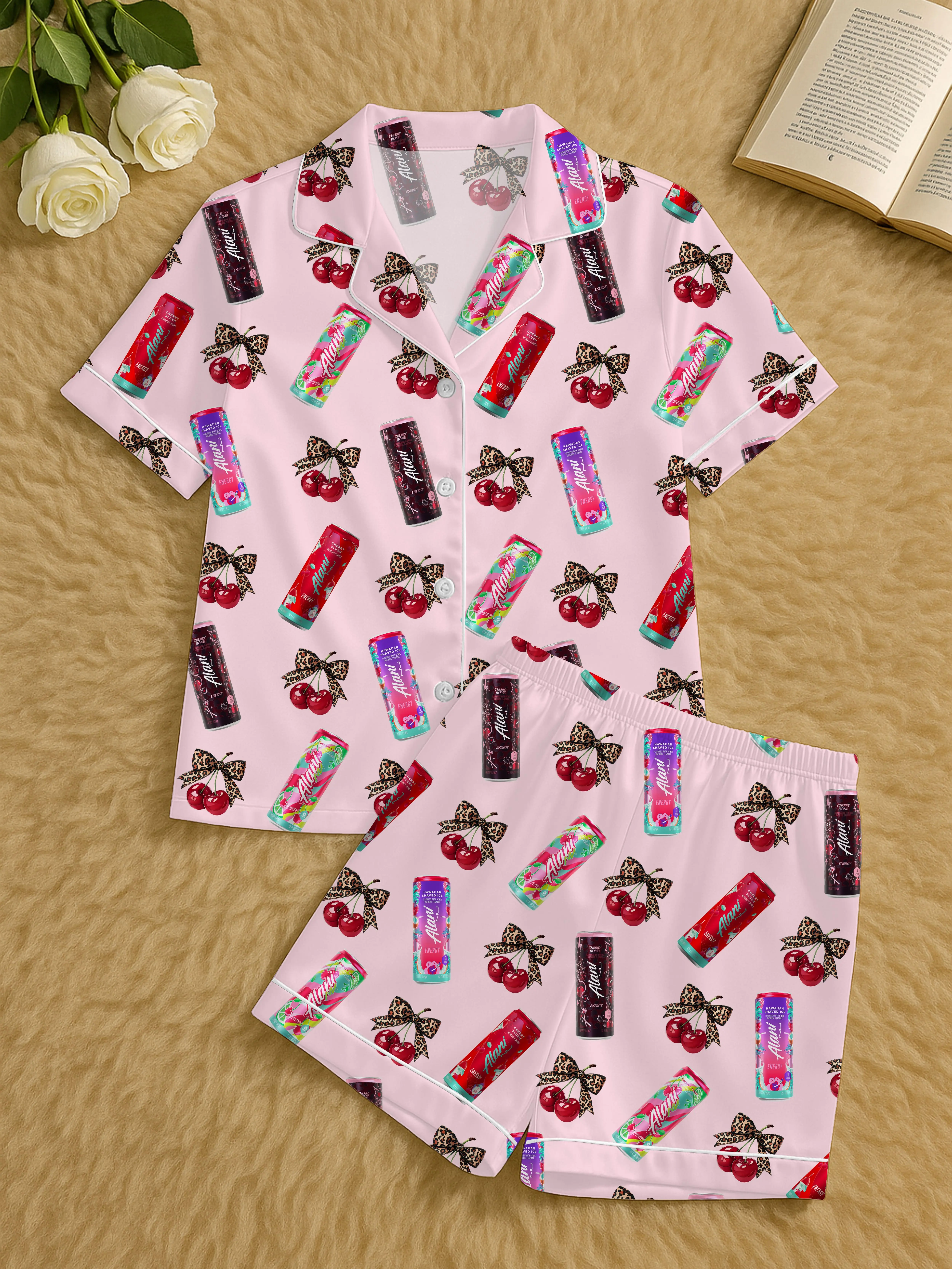 Alani Cherry Bomb Pajamas Set, Alani Cherry Energy Drink Sleepwear, Alani Leopard Cherry PJs Satin Set , Alani Lover Gift For Her