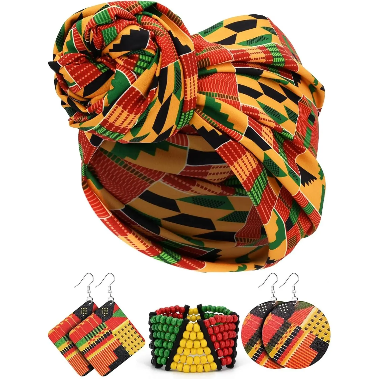 4 Pcs African Jewelry Queen Sets Kente Cloth Scarf Black History Decorations Outfits Juneteenth Beaded Bracelet for Women
