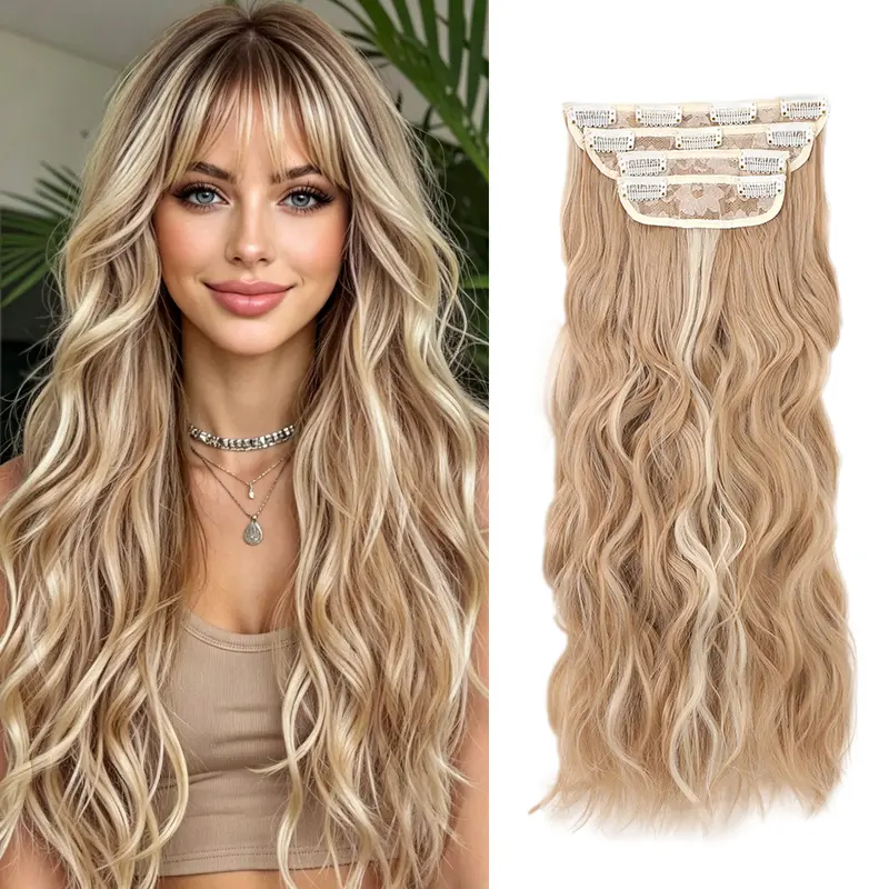 Women's 4PCS Clip-In Synthetic Hair Extensions - Double Weft Full Head, 16"/20"/24" Body Wave, Fragrance-Free (No Chemical Smell), Glueless, Convenient, Comfortable, Instant Volume & Thickness, Party Hairpiece