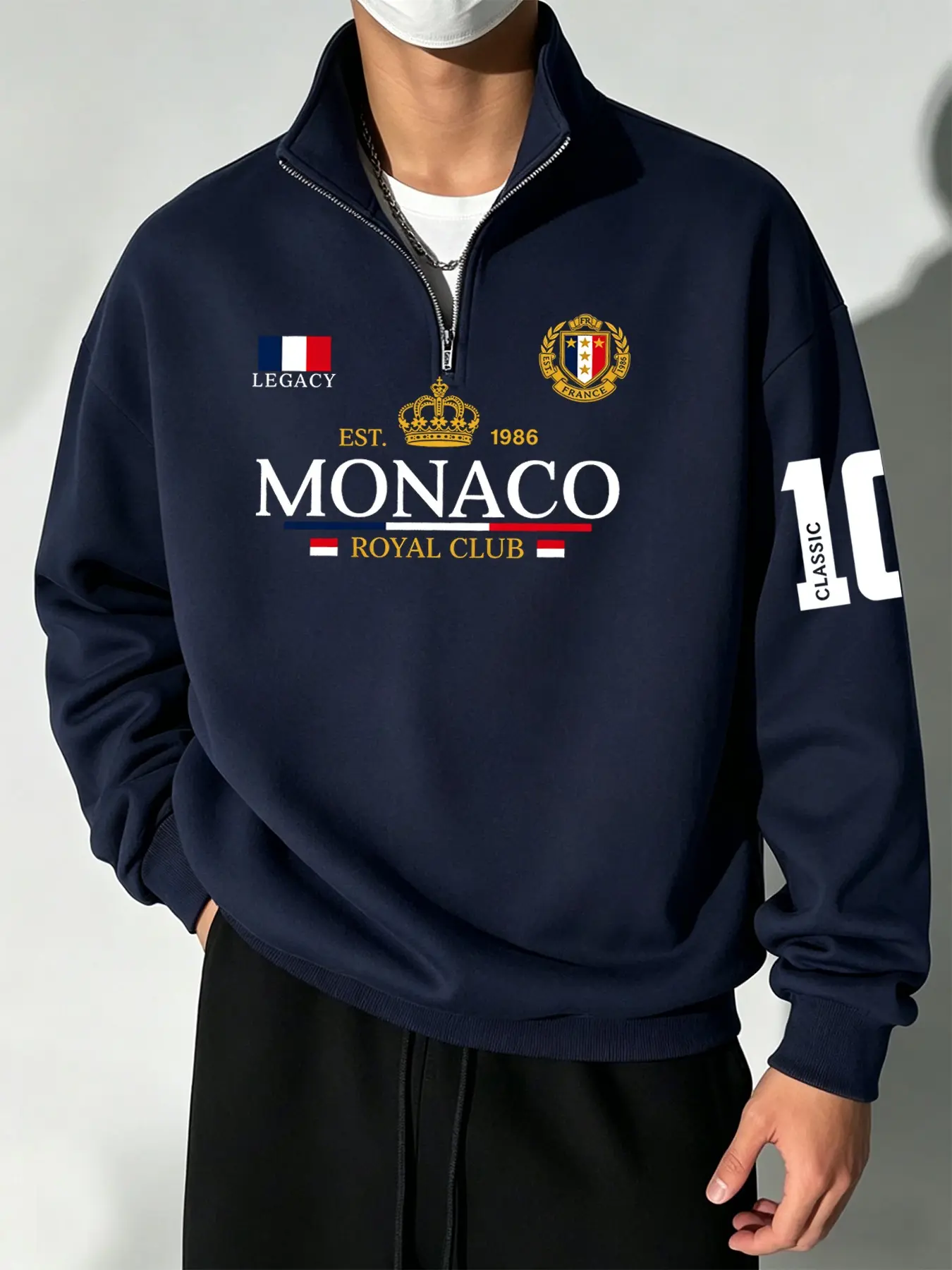 Monaco Royal Club Half-Zip Sweatshirt, Casual Geometric Pattern, Long Sleeve, Loose-Fitting H-Type, Spring & Fall Fashion, Versatile Daily Wear