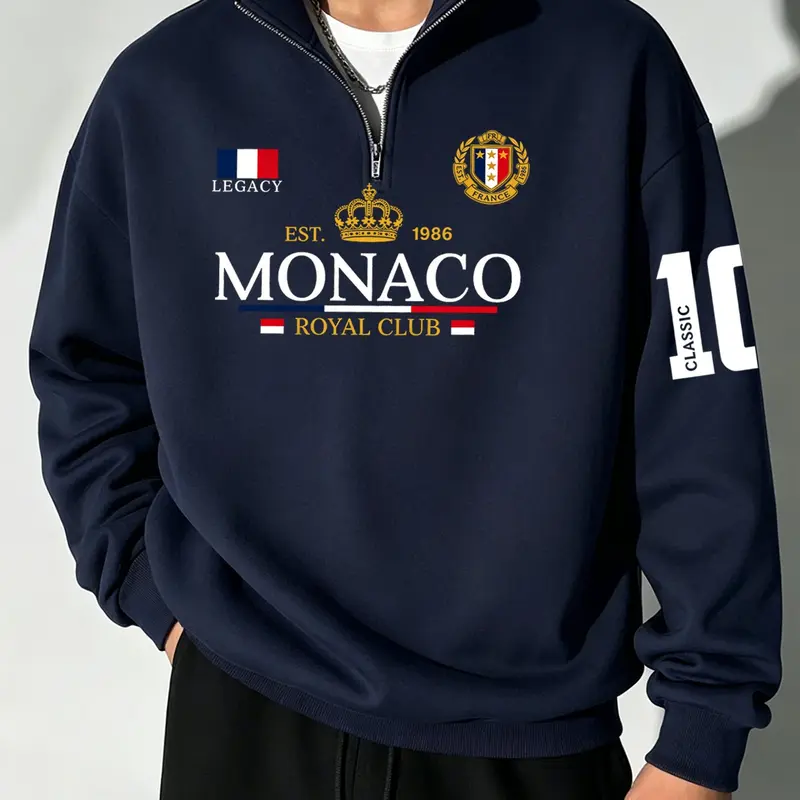 Monaco Royal Club Half-Zip Sweatshirt, Casual Geometric Pattern, Long Sleeve, Loose-Fitting H-Type, Spring & Fall Fashion, Versatile Daily Wear, Casual Sweatshirts