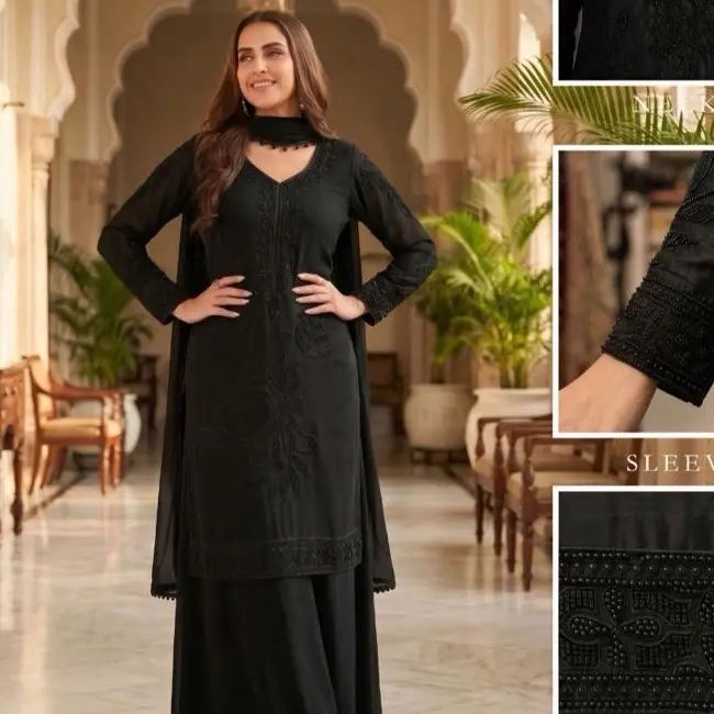 Black Beadwork and Hand-Embroidered Chinon Palazzo Suit, Fits Sizes 38-40