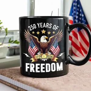 America Eagles 250 Years Of Freedom Black Mug - Semiquincentennial 1776-2026 Ceramic Mug with Distressed Flag & Bold Typography - 11oz/15oz Sizes - Microwave & Dishwasher Safe - Perfect Patriotic Gift