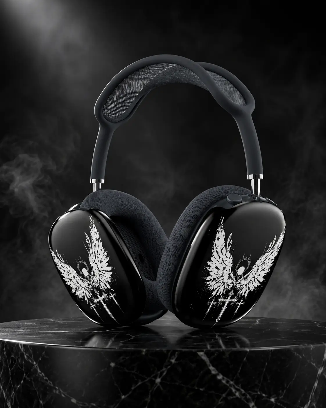 Gothic Wing Skull AirPods Max Case - Aesthetic Black & White Cross Protective Ear Cup Covers, Edgy Punk Headphone Accessories
