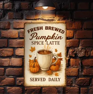 Vintage Pumpkin Spice Coffee Sign Featuring Autumn Leaves and Coffee Cup Design for Rustic Home Decor and Coffee Bar Aesthetic