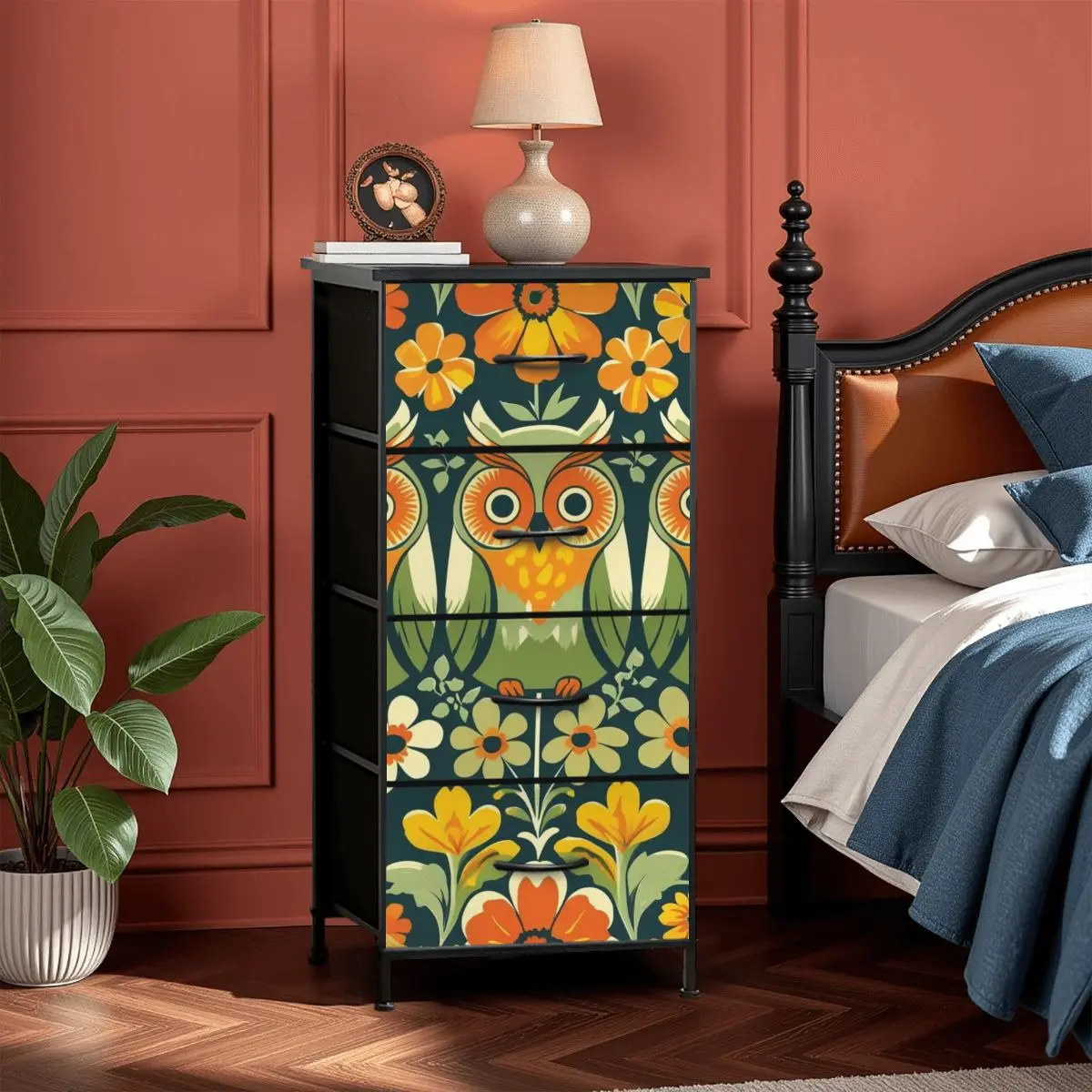 Retro Owl Flower Power Groovy 70s Floral Green, Orange Fall 4-Drawer Dresser
