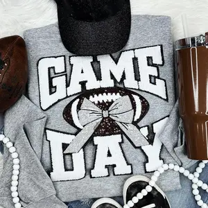 White Chenille Football Game Day with Sequin Bow Patch