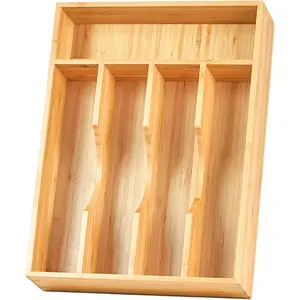 Umilife Bamboo Kitchen Drawer Organizer, 9 Inch Silverware Utensils Tray Holder for Small Drawer, Wood Caddy for Flatware Cutlery Knives
