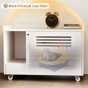 petso White Cat Litter Box Enclosure,Hidden Litter Box Furniture with top side fence,Wooden Pet House Side End Table, Storage Cabinet Bench for Living Room,,Bedroom, Fit Most of Litter Box