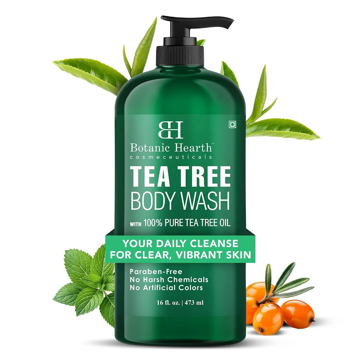 Botanic Hearth Tea Tree Body Wash, 16 Fl Oz (473 ml) | Enriched With Tea Tree Oil, Peppermint & Sea Buckthorn | Gently Cleanses, Refreshes & Nourishes Skin | Sulfate & Paraben Free | For Men & Women