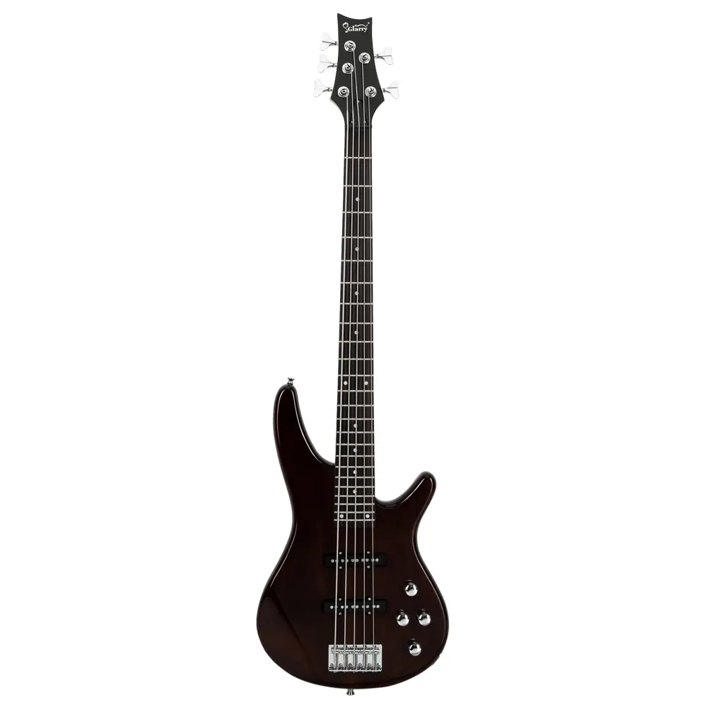 GIB Full Size 5-String Electric Bass Guitar - Earth Brown, Solid Basswood Body, Maple Neck, Adjustable Bridge, 24 Frets, Versatile Tones, Instrument Kit with Gig Bag, Strap, Picks, Cable, Wrench Tool, Bag + Strap Ready Music Gear, Father's Day Gift