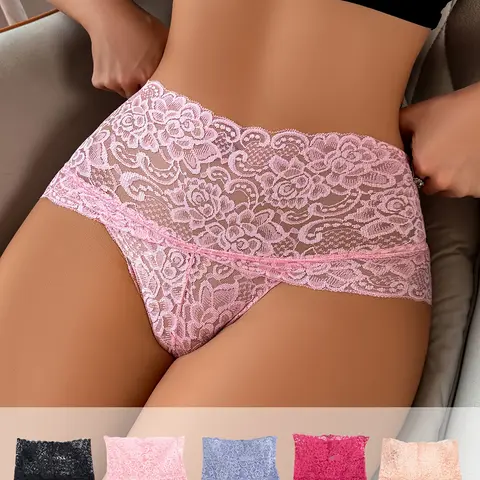 5pcs Sexy High Waisted Lace Underwear Fully Wrapped Hip Top Support Curved Hip Flat Angle Seamless Hollow Underwear in Multiple Colors