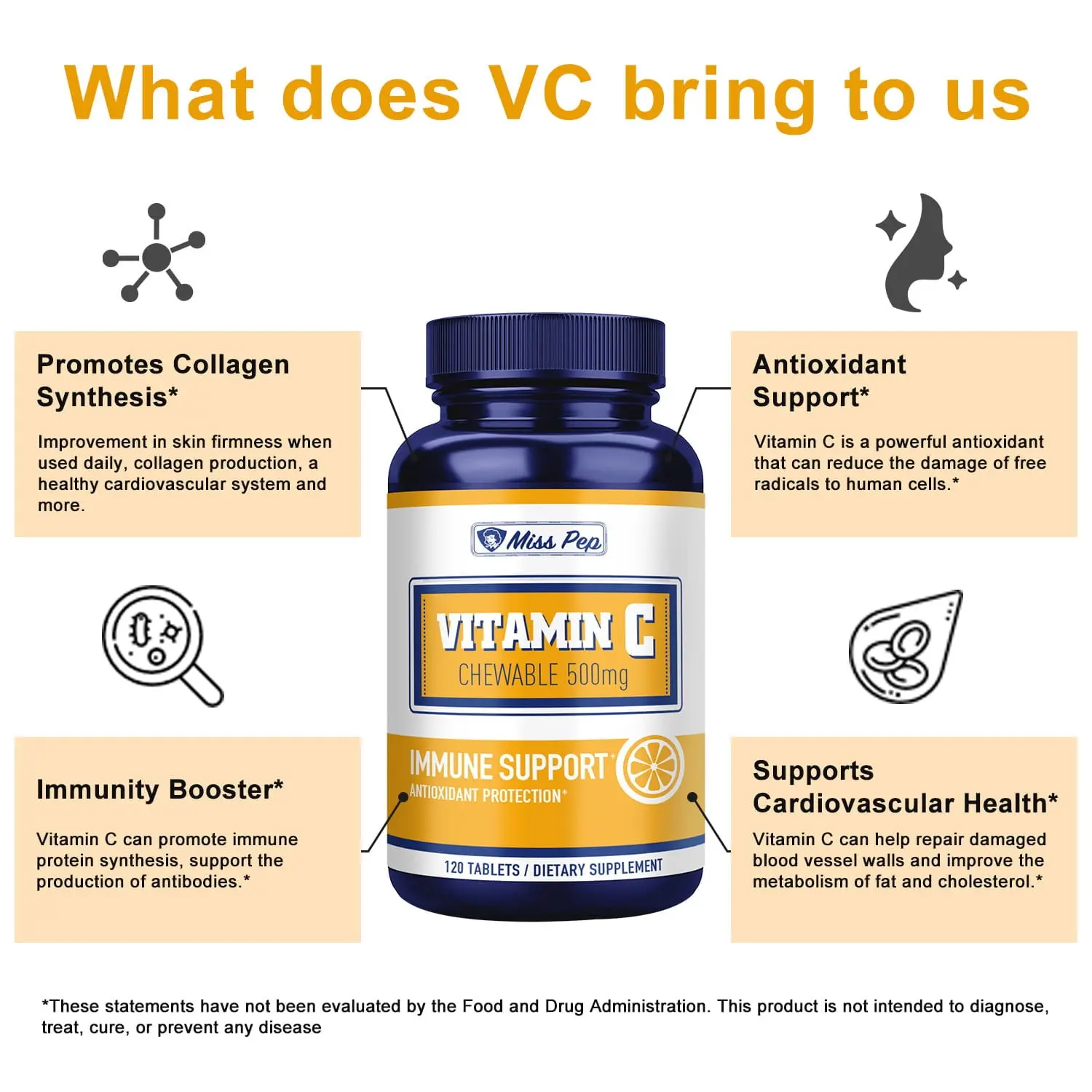 Vitamin C Capsules Natural Orange Flavor 120 Capsules -500mg Immune Enhancement and Antioxidant Support | Made in the USA |