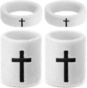 4 Pack Cross Sports Sweatbands Set – Christian Bicep Bands & Wristbands for Men Women, Absorbent Athletic Armbands for Football, Basketball, Baseball, Running & Gym