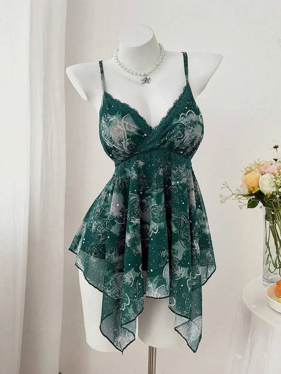 Plus Size Women's Printed Cashew Flower Collar Lace Asymmetrical Hem Scarf Hem Camisole, Paisley Print, Music Festival, Summer, Vacation