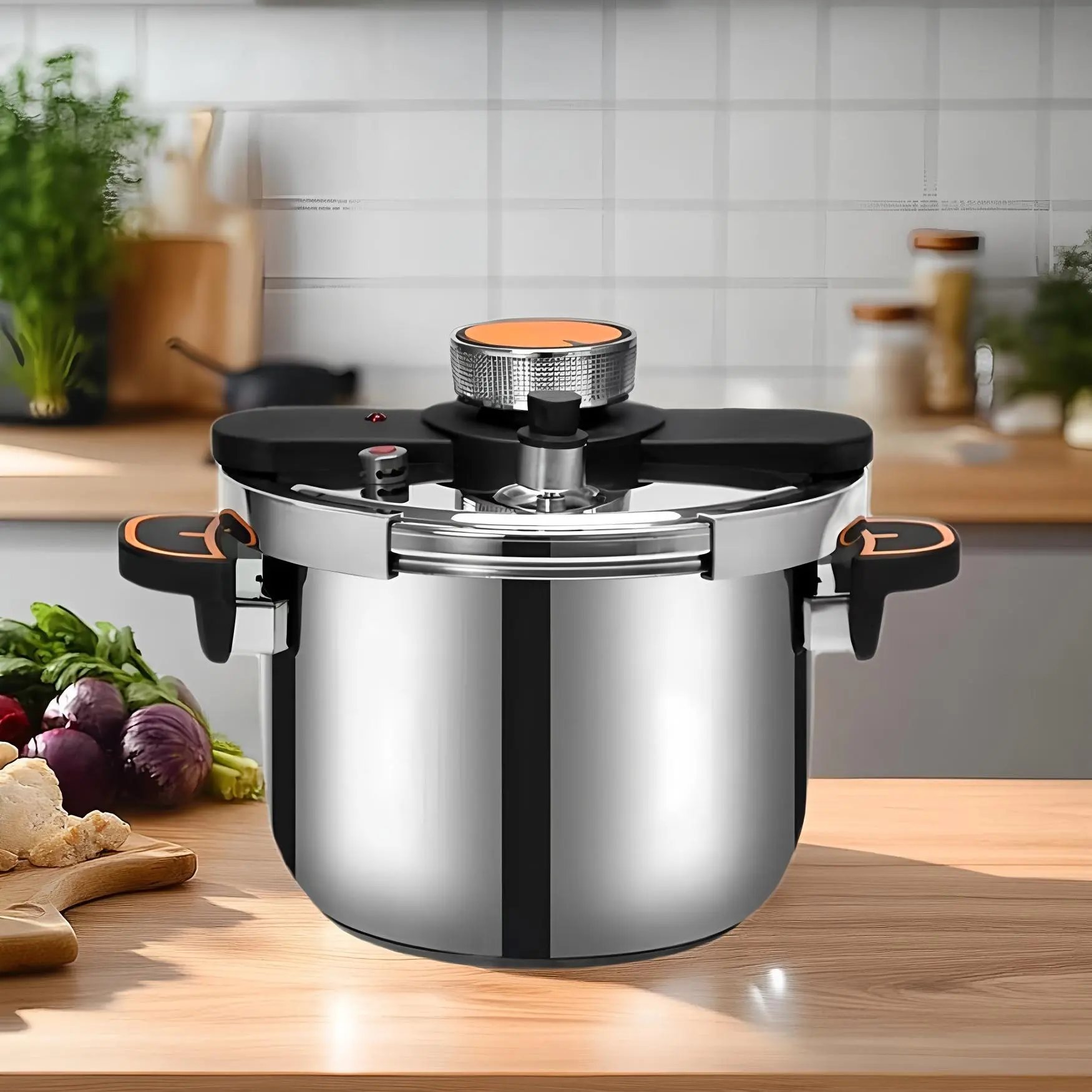 Stainless Steel Pressure Cooker, Large Capacity Multi-purpose Cooking Pressure Cooker Pressure Pot with Easy Lock Lid, Orange Switch Knob, Household Pressure Cooker for Electric Stove & Gas Stove