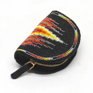 Hand Beaded Native American Inspired Ethnic Style Seed Bead Coin Purse - Black Sunset